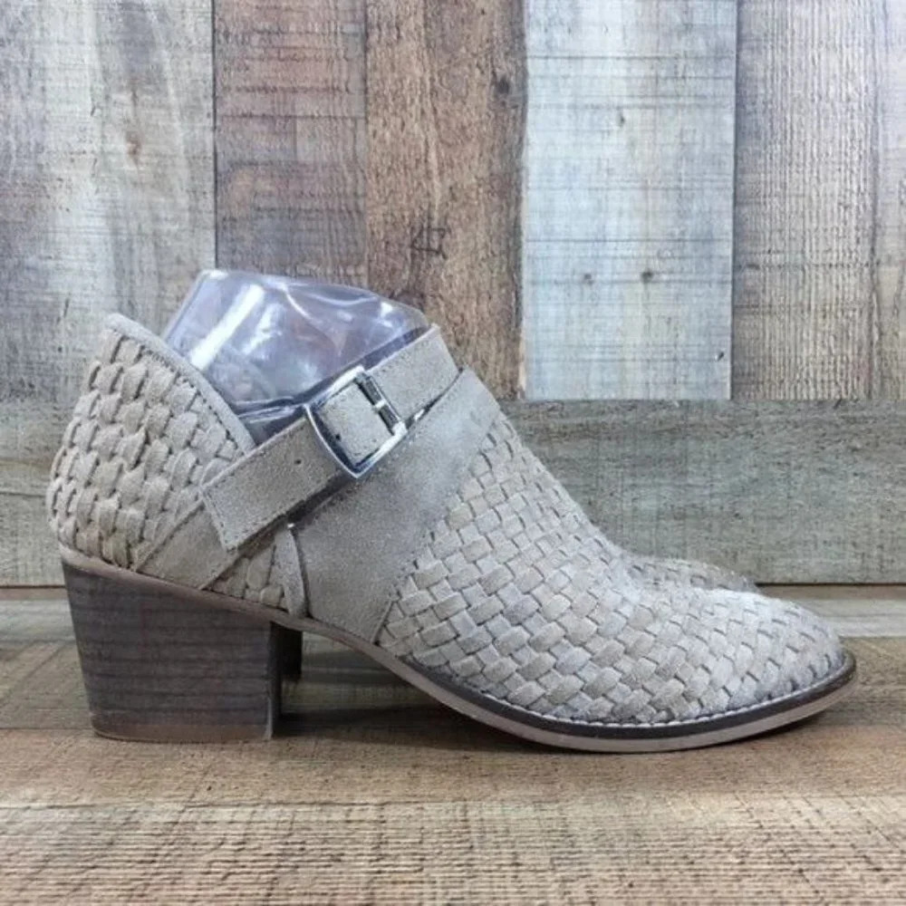 Rebel Gates Tan Leather Woven Weave Ankle Bootie Womens 8.5 Buckle Heeled Boots